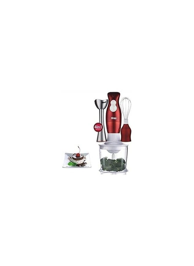 DSB - DSP 4 in 1 Hand Blender 200W, Full Copper Motor 5420 2 Speed ​​Operation With Soft Touch Switch Removable Foot Stainless Steel Blades for Blending With Blending, Whisking, and Mincing Functions 500ml Chopper, 700ml Whisk-1 Year Warranty-KM1004-Red - Image 1