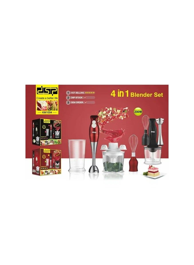 DSB - DSP 4 in 1 Hand Blender 200W, Full Copper Motor 5420 2 Speed ​​Operation With Soft Touch Switch Removable Foot Stainless Steel Blades for Blending With Blending, Whisking, and Mincing Functions 500ml Chopper, 700ml Whisk-1 Year Warranty-KM1004-Red - Image 1