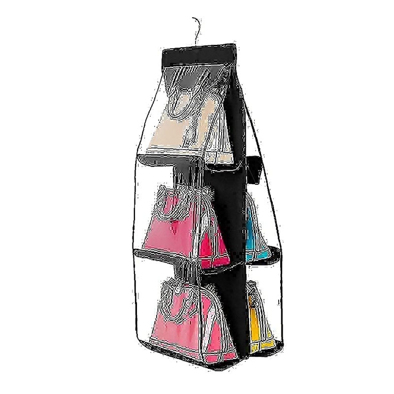 OMANZA OMANZA 6 Pocket Large Clear Purse Handbag Hanging Storage Bag Organizer Closet Tidy Closet Organizer Wardrobe Rack Hangers Holder for Fashion Handbag Purse Pouch Nonwoven Fabrics Clear PVC  - Image 2