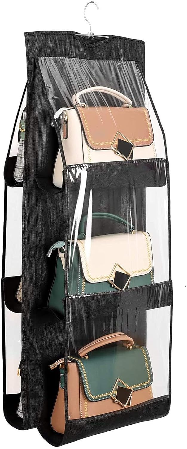 OMANZA OMANZA 6 Pocket Large Clear Purse Handbag Hanging Storage Bag Organizer Closet Tidy Closet Organizer Wardrobe Rack Hangers Holder for Fashion Handbag Purse Pouch Nonwoven Fabrics Clear PVC  - Image 1