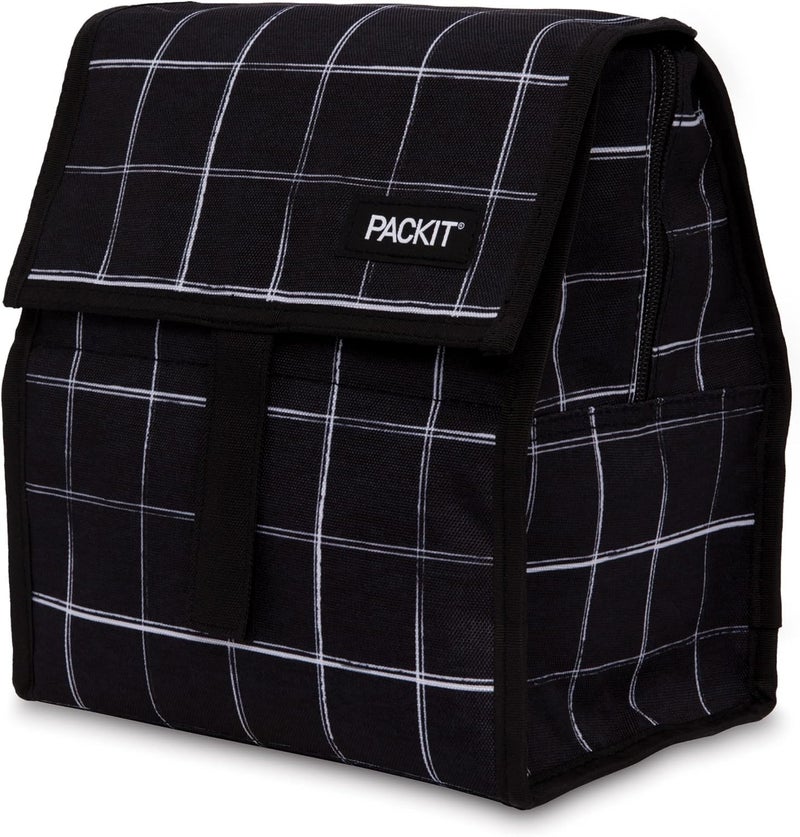 PackIt Freezable Lunch Bag Black Grid Built with ECOFREEZE Technology Foldable Reusable Zip and Velcro Closure with Buckle Handle Designed for Work Lunch and Fresh Lunch On the Go