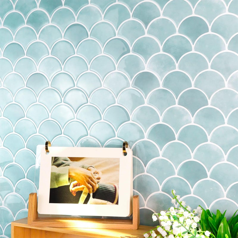 AdoDecor Peel and Stick Tile for Kitchen Backsplash, Grand Fish Scale Fan Shape Stick on Tiles, Self Adhesive Backsplash Tiles (Blue). - Image 2