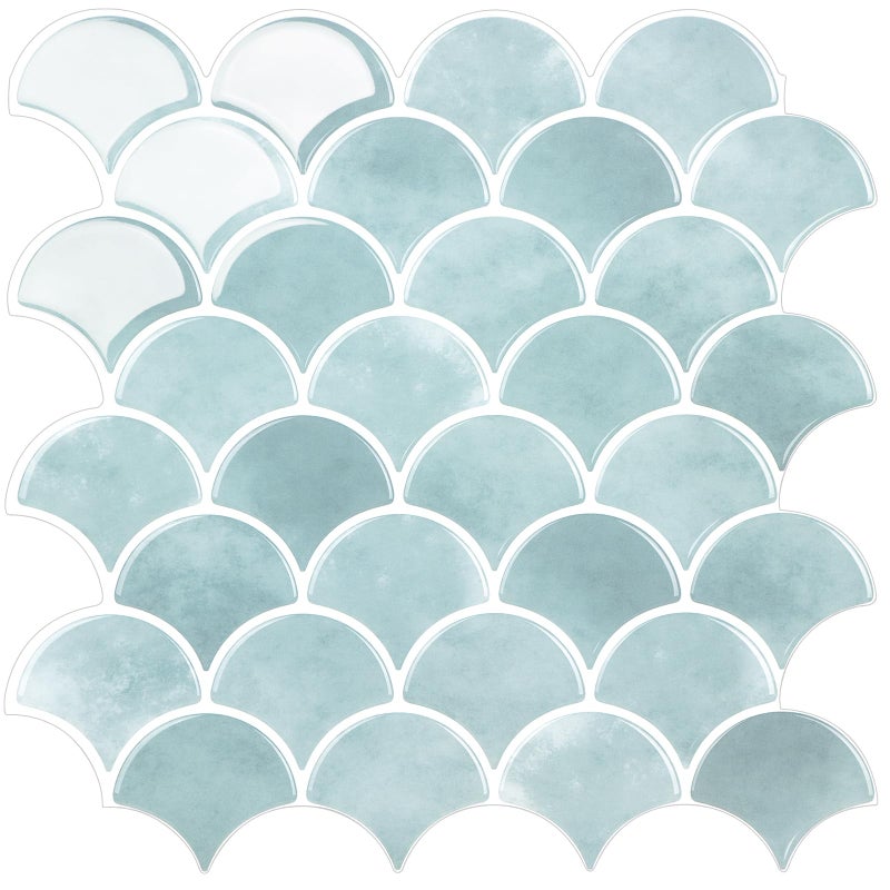 AdoDecor Peel and Stick Tile for Kitchen Backsplash, Grand Fish Scale Fan Shape Stick on Tiles, Self Adhesive Backsplash Tiles (Blue). - Image 1