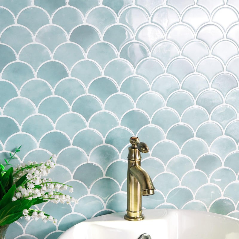 AdoDecor Peel and Stick Tile for Kitchen Backsplash, Grand Fish Scale Fan Shape Stick on Tiles, Self Adhesive Backsplash Tiles (Blue). - Image 3