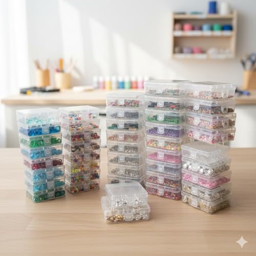 URBAA Plastic Storage Box Set, 48 Pieces, Clear Containers with Lock Lids for Jewellery, Beads, Pins (24 Small and 24 Extra Small) With hook for hanging - Image 2