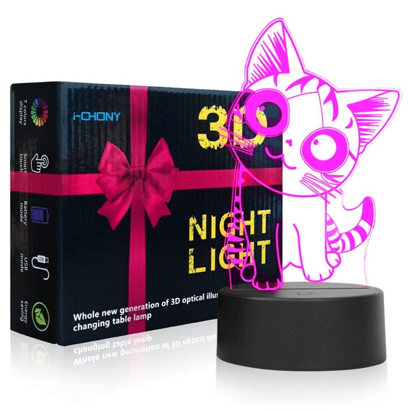 i-CHONY Cat Gift Night Light for Kids,Auto 7 Colors Changing Anime Table Lamp,3D Illusion Bedside Lamp,Cute Cat Gifts for Women Teens Boys Girls Birthday Christmas Gifts - Image 5