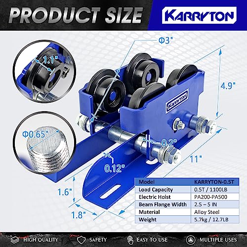 KARRYTON 0.5Ton/1100LBS I-Beam Trolley for Electric Hoist, Adjustable Manual Trolley Fits 2.5''-5'' Beam Flange, Push Beam Trolley for PA200, PA250 PA300, PA400 and P500 Electric Hoist - Image 2