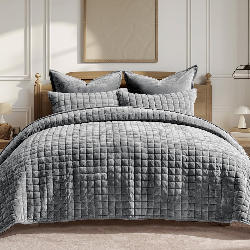 RECYCO Luxury Velvet Quilt Set King Size Bedding Sets, Ultra Soft Velvet Comforter Set, Lightweight Channel Box Stitch Oversized Bedspread Coverlet for All Season, with 2 Shams, Charcoal Gray - Image 1