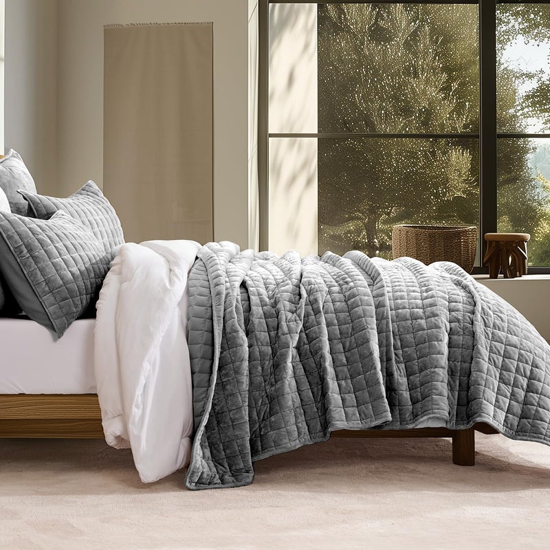 RECYCO Luxury Velvet Quilt Set King Size Bedding Sets, Ultra Soft Velvet Comforter Set, Lightweight Channel Box Stitch Oversized Bedspread Coverlet for All Season, with 2 Shams, Charcoal Gray - Image 2