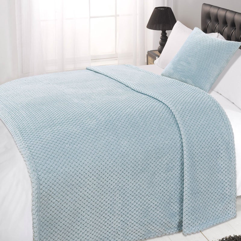 Dreamscene Fluffy Fleece Throw Blanket for Sofa Soft Cosy Warm Honeycomb Waffle Mink Blanket for Bed Lightweight Faux Fur Bed Throw King Size Duck Egg Blue  200 x 240cm