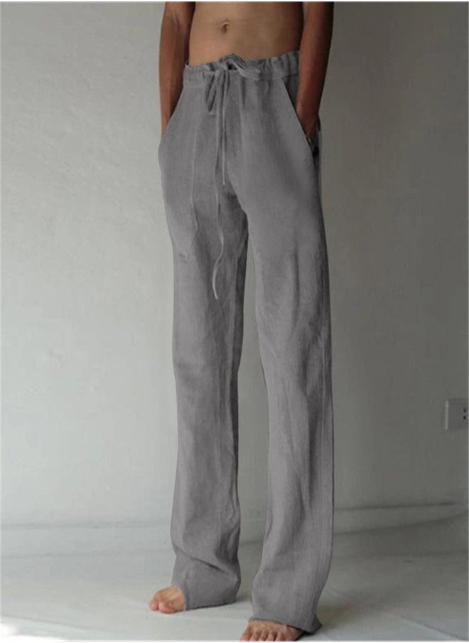 Loquat - Casual Solid Color Thin Linen Pants Dark gray, - Image 1