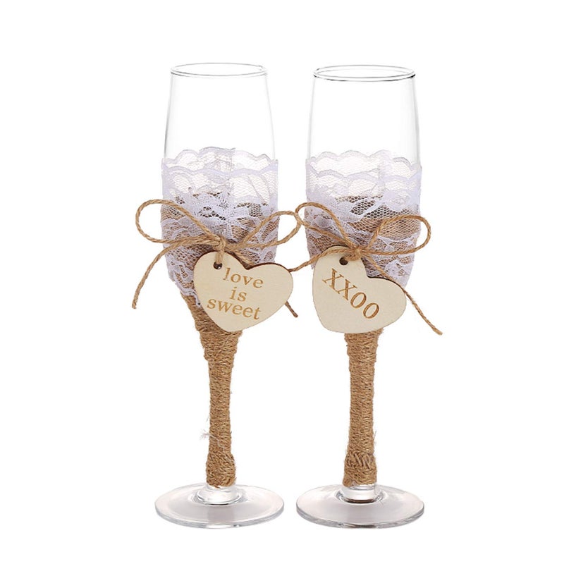 TANG SONG TANG SONG Set of 2 Wood Heart Style Elegant Wedding Champagne Glass Set for Parties Weddings Birthdays Anniversaries 