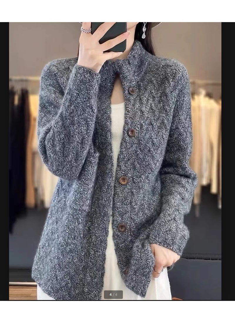 Generic - Autumn Cardigan Womens Thickened Cable Knit Stand Collar Top Loose-Fit Solid Color Long Sleeve Wool Knit Sweater Jacket Trendy Dark camel - Image 1