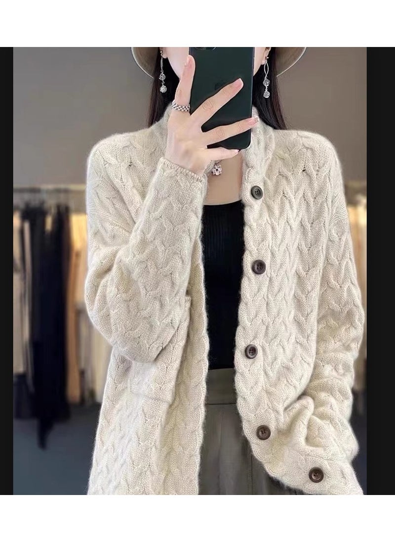 Generic - Autumn Cardigan Womens Thickened Cable Knit Stand Collar Top Loose-Fit Solid Color Long Sleeve Wool Knit Sweater Jacket Trendy Dark camel - Image 1