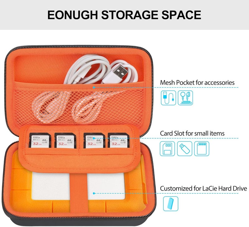 Lacdo Hard Drive Carrying Case for LaCie Rugged Mini/Rugged Thunderbolt USB 3.0 2.0 USB-C External Hard Drive Portable HDD 1TB 2TB 4TB 5TB EVA Shockproof Protective Storage Holder Travel Bag, Orange - Image 2