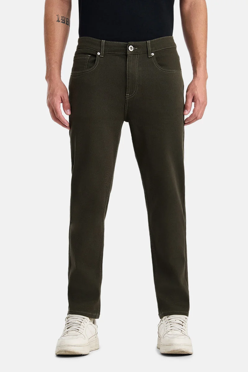 SNITCH Olive Olive Solid Tapered Casual Jeans for Men | Best Price UAE