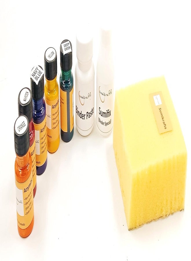 sumikrafts Block Printing kit-5 Assorted acrymine Dyes 20ml Bottles+ Binder Paste 50gm+acrafixer 25gm+ Sponge - Image 1