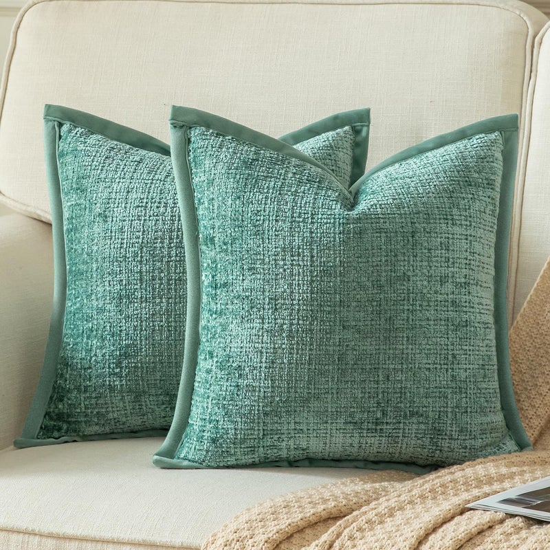 Yaertun Pack of 2 Chenille Textured Decorative Throw Pillow Covers Accent Solid Cushion Cover Soft Cozy Pillow Case with Velvet Back for Couch Sofa Bed Living Room 16x16 Inch Teal - Image 1
