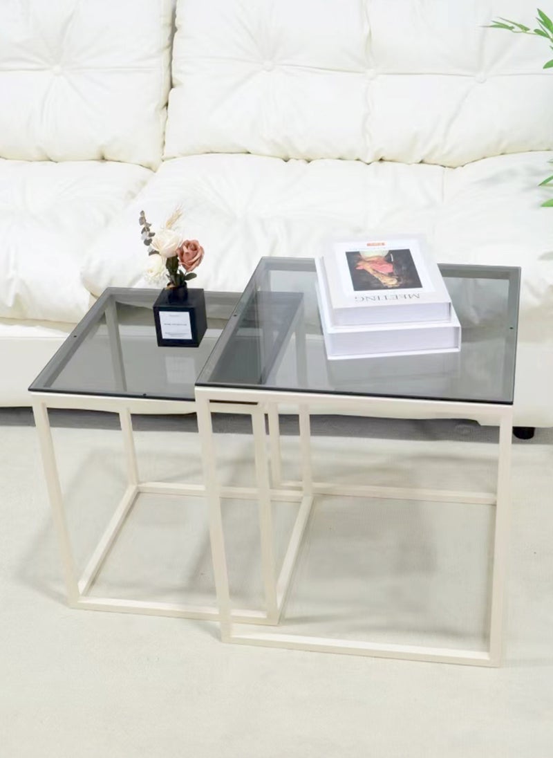 Simple Modern Square Mother-and-Child Tea Table Combination, Tempered Glass Metal Frame Coffee Tea Table