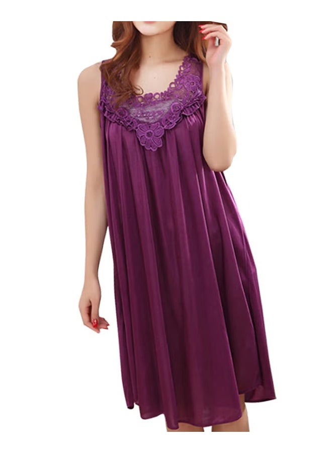 Sleeveless Silk Long Nightgown, Scoop Neck Full Slip Lace Chemise Nightdress & Loungewear - Purple - Image 1