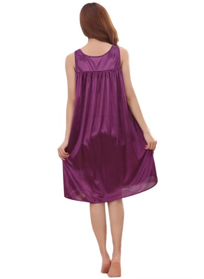 Sleeveless Silk Long Nightgown, Scoop Neck Full Slip Lace Chemise Nightdress & Loungewear - Purple - Image 2