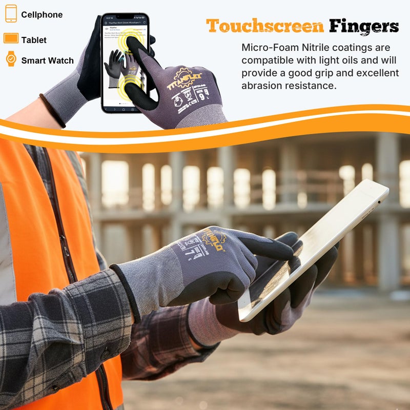 TitanFlex Work Gloves Microfoam Nitrile Coated Men Women-6 Pairs, Safety Warehouse Gloves Mens Working Glove with Grip Heavy Duty, Touchscreen, Seamless Knit Nylon for Automotive, Garden (Medium) - Image 2