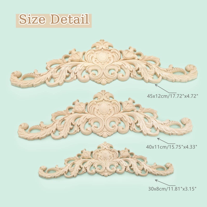 MUXSAM Long Wood Carved Appliques Onlays, 2-Pack Unpainted Decorative Corner Carving Decals Set for Wall Door Cabinet Mirror Closet Wardrobe Dresser Mantel Staircase DIY Project, 30x8cm/11.81"x3.15" - Image 3
