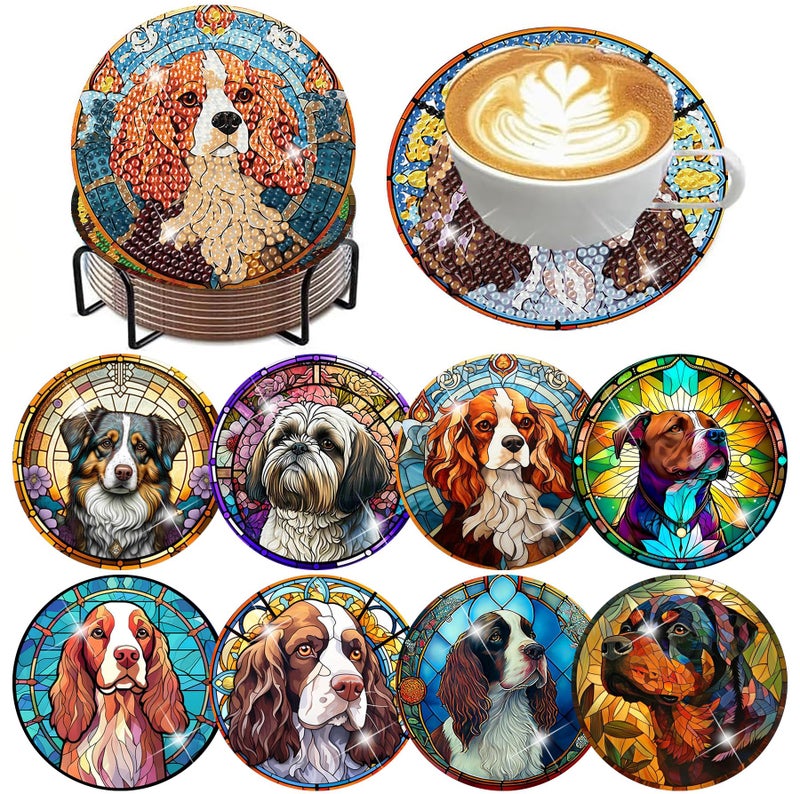 ijbnhd 8 PCS Dog Diamond Art Coasters Kit, Dog Diamond Painting Coasters with Holder, Non Slip Coaster Art Supplies for Adults Gift 4X4inch (Cork Wooden Pad) - Image 1