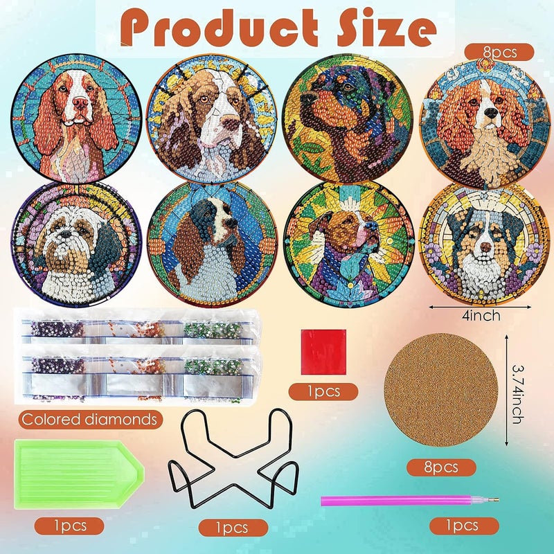 ijbnhd 8 PCS Dog Diamond Art Coasters Kit, Dog Diamond Painting Coasters with Holder, Non Slip Coaster Art Supplies for Adults Gift 4X4inch (Cork Wooden Pad) - Image 3