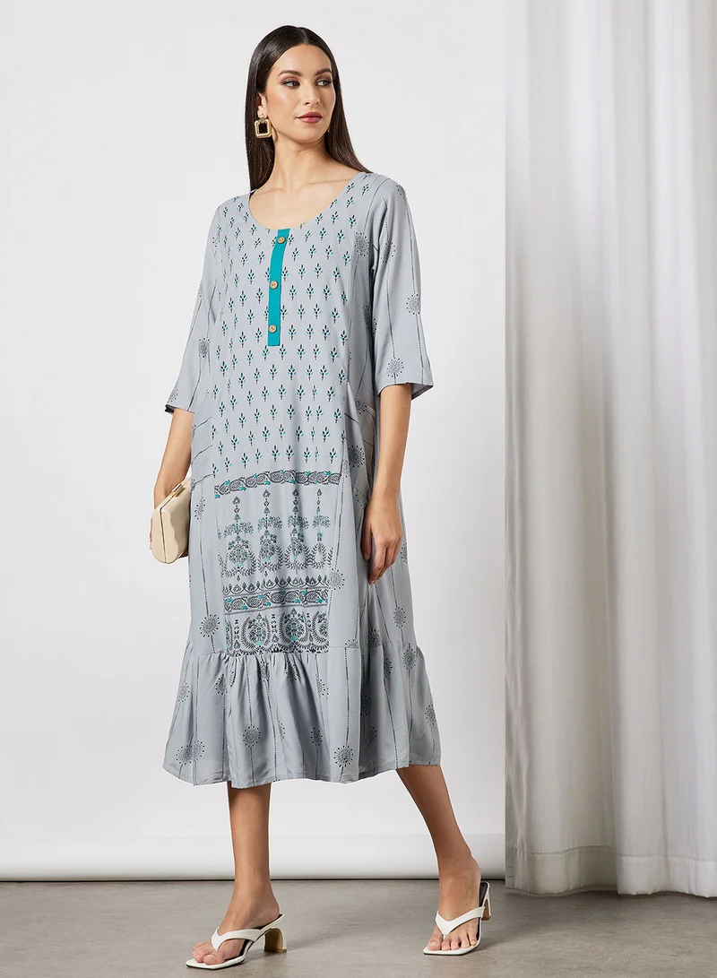 HANA & SARA All Over Printed Round Neck Three Quarter Sleeve Jalabiya With Facemask