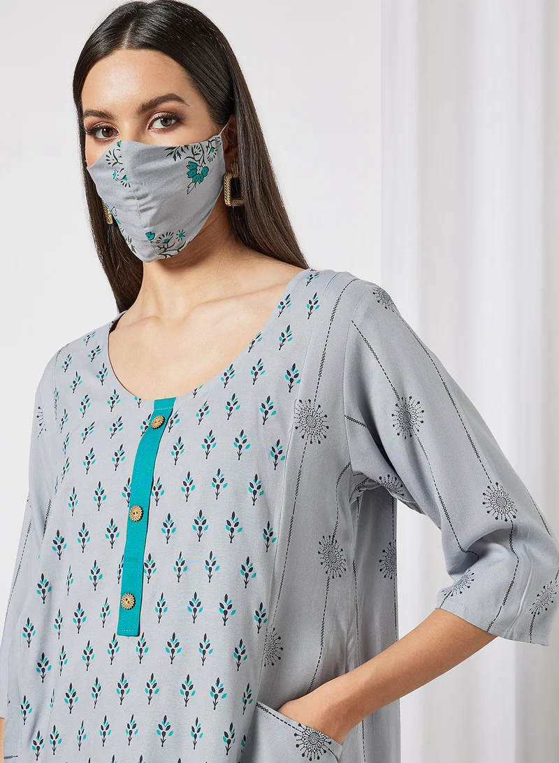 HANA & SARA All Over Printed Round Neck Three Quarter Sleeve Jalabiya With Facemask