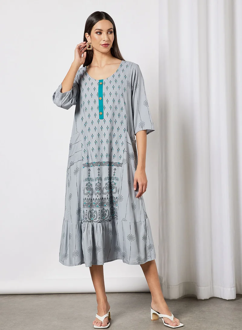 HANA & SARA All Over Printed Round Neck Three Quarter Sleeve Jalabiya With Facemask