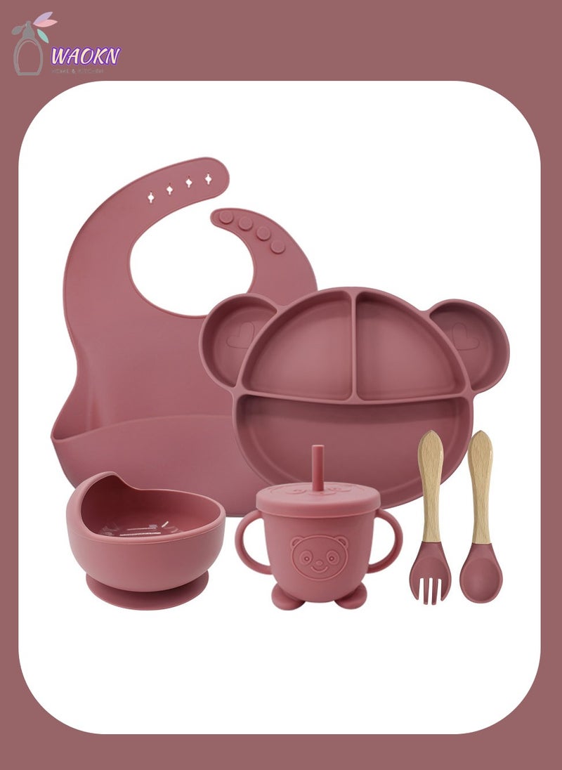 WAOKN 6Pcs Baby Silicone Tableware Set Special For Infants To Eat Their Own Training Tableware Set Including Complementary Food Bowl Sippy Cup Dinner Plate Bib Fork And Spoon(Brick red)  - Image 1