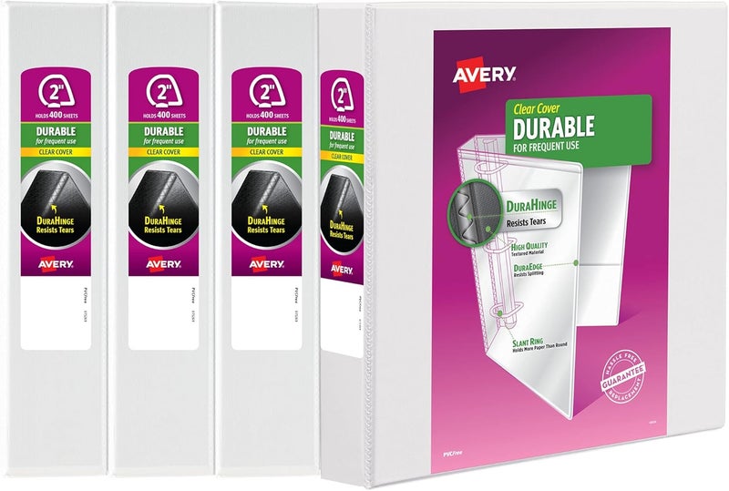 AVERY Durable Clear View 3 Ring Binders, 2 Inch EZD Rings, 4-Pack of White Binders (79925) - Image 1