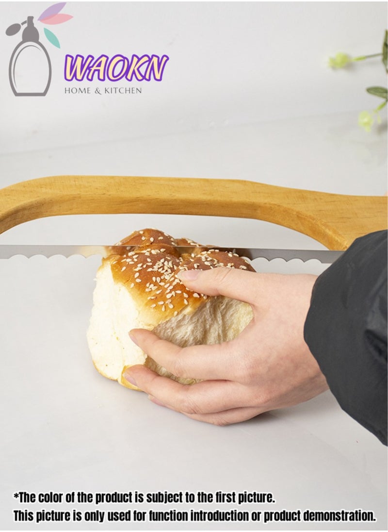 WAOKN - Baking Tools Bread Bow Cutter Serrated Bagel Stainless Steel Sourdough Slicer Portable Cake Cutting Knife With Bamboo Handle Baguette Cutter Tool - Image 1