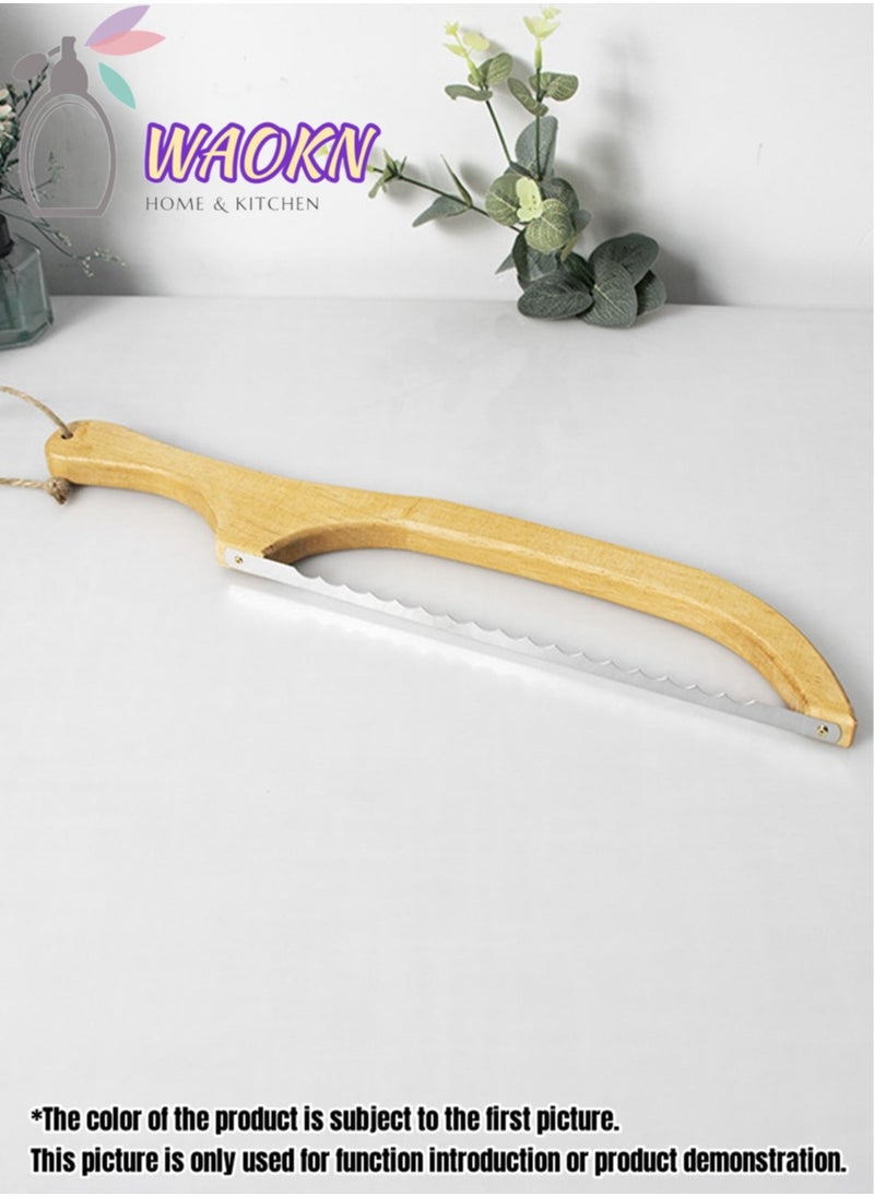 WAOKN - Baking Tools Bread Bow Cutter Serrated Bagel Stainless Steel Sourdough Slicer Portable Cake Cutting Knife With Bamboo Handle Baguette Cutter Tool - Image 1