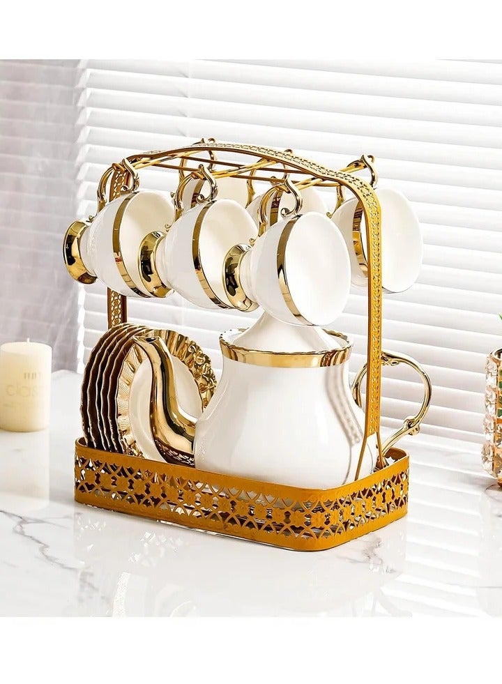14-Piece Ceramic Coffee Cup, Saucer And Kettle Holder Set - Image 4
