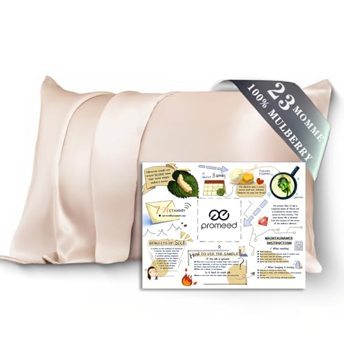 PROMEED 100 Mulberry Silk Pillowcase for Hair and Skin Both Sides 23 Momme Grade 6A Silk Pillow Case with Hidden Zipper 1400 TC Soft  Smooth Standard 20x26 Champagne