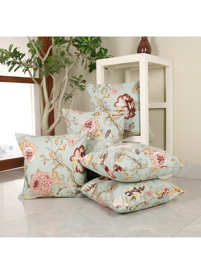 Clasiko Cotton Cushion Covers Set of 5; 16x16 Inches; Blush Green-250 TC - Image 1