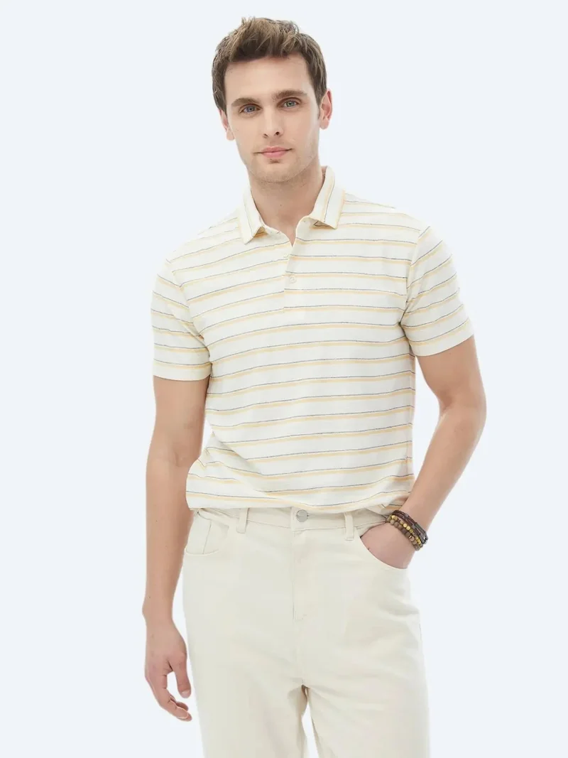 Kip Ecru Striped Polo Neck Cotton Blended T-Shirt
