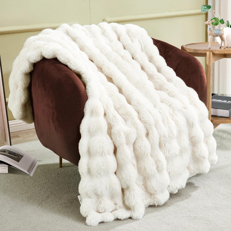 JONIYEAR Soft Fuzzy Bubble Faux Rabbit Fur Throw Blanket for Couch Chair 50" x 60", Reversible Textured Thick Warm Fluffy Blanket for Winter, Luxury Cozy Puffy Shaggy Comfy Furry Blankets, Cream White - Image 1