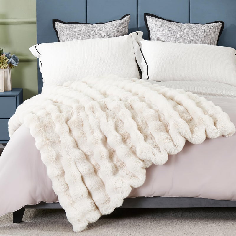 JONIYEAR Soft Fuzzy Bubble Faux Rabbit Fur Throw Blanket for Couch Chair 50" x 60", Reversible Textured Thick Warm Fluffy Blanket for Winter, Luxury Cozy Puffy Shaggy Comfy Furry Blankets, Cream White - Image 3