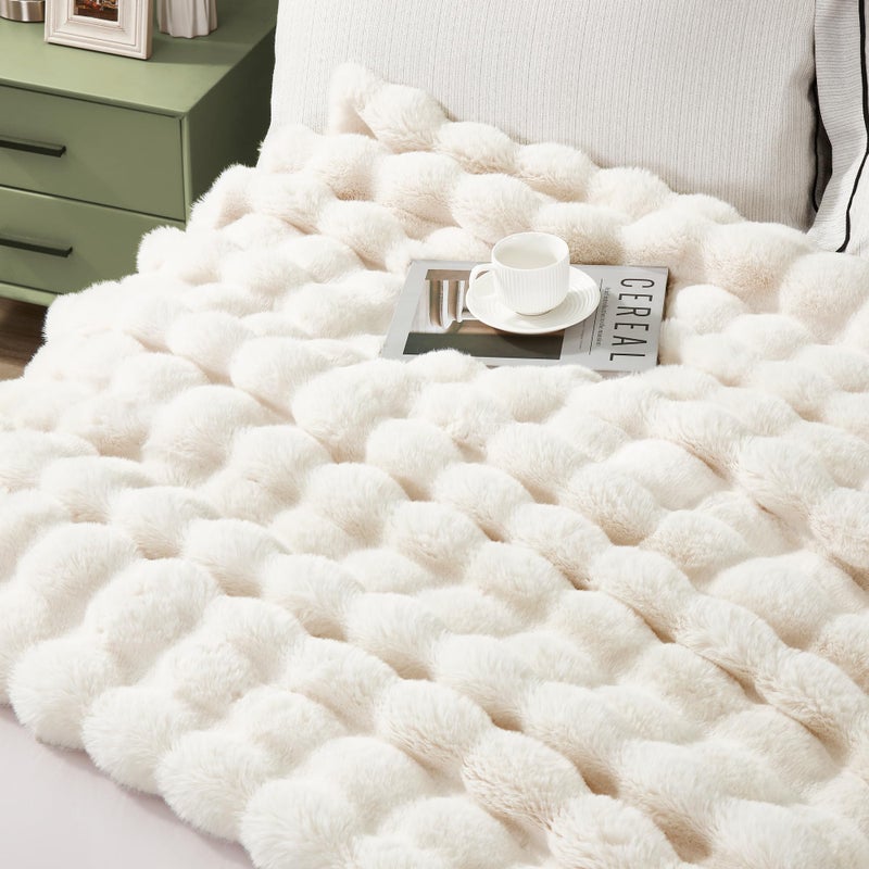 JONIYEAR Soft Fuzzy Bubble Faux Rabbit Fur Throw Blanket for Couch Chair 50" x 60", Reversible Textured Thick Warm Fluffy Blanket for Winter, Luxury Cozy Puffy Shaggy Comfy Furry Blankets, Cream White - Image 2