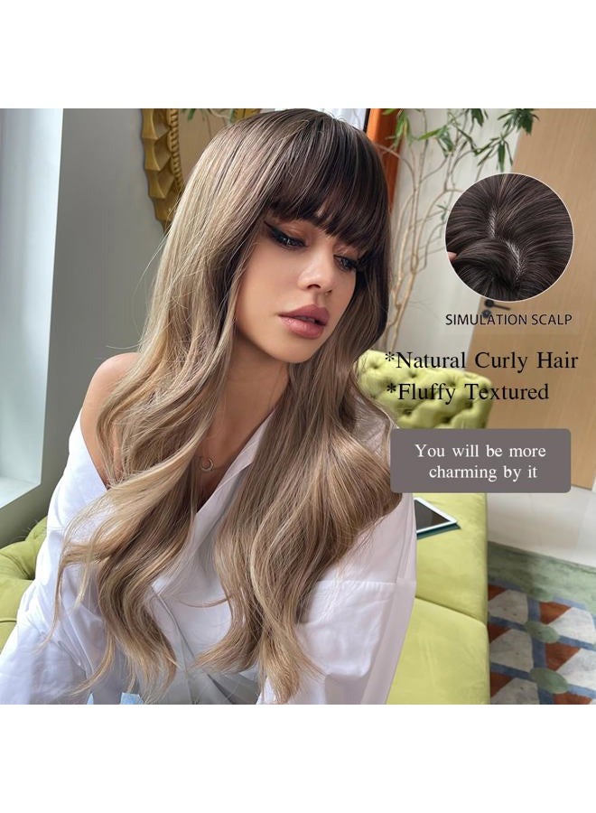 Esmee 24" Light Brown Wig with Dark Brown Roots Long Wave Hair Wigs,Natural Heat Resistant Fibre Synthetic Wigs Cosplay Party... - Image 2