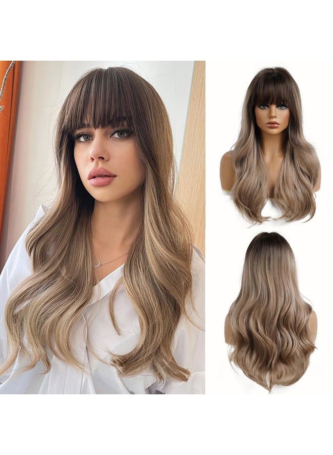 Esmee 24" Light Brown Wig with Dark Brown Roots Long Wave Hair Wigs,Natural Heat Resistant Fibre Synthetic Wigs Cosplay Party... - Image 1