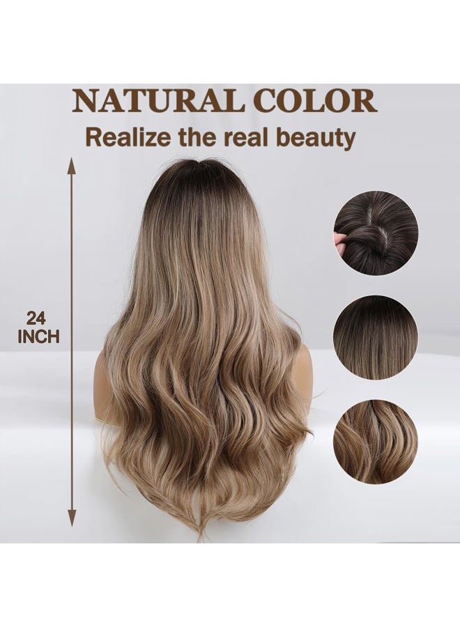 Esmee 24" Light Brown Wig with Dark Brown Roots Long Wave Hair Wigs,Natural Heat Resistant Fibre Synthetic Wigs Cosplay Party... - Image 4