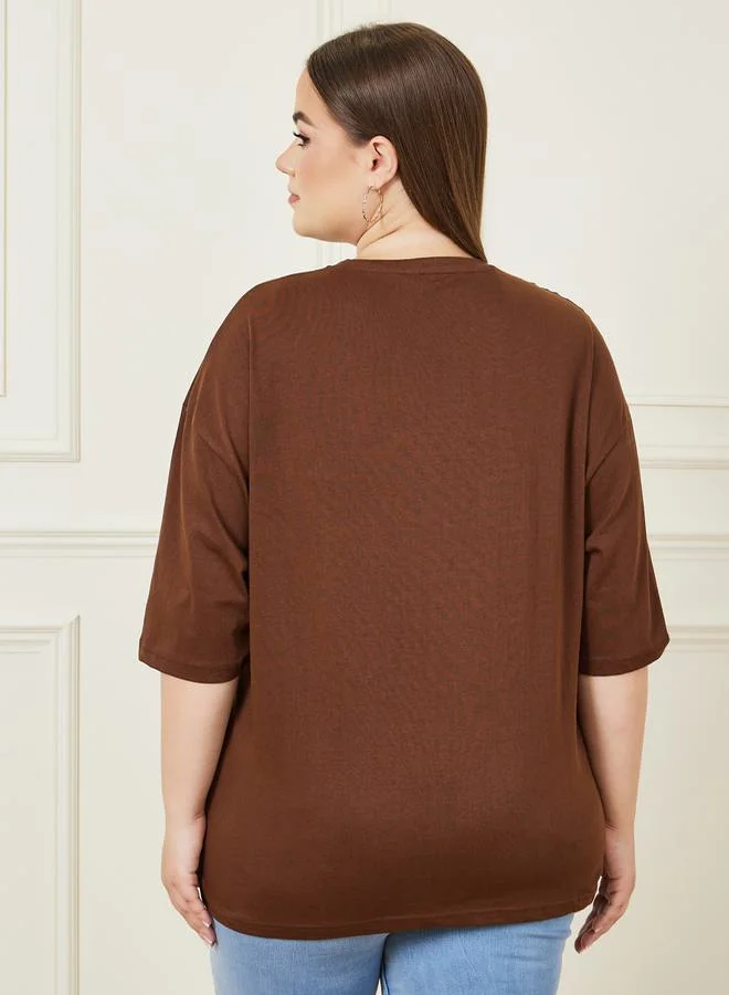 Styli Oversized Slogan Print Longline T-Shirt