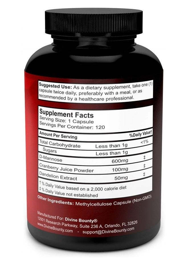 Divine Bounty - D-Mannose Capsules - 600mg D Mannose Powder per Capsule with Cranberry and Dandelion Extract to Support Normal Urinary Tract Health - 120 Veggie Capsules - Image 1