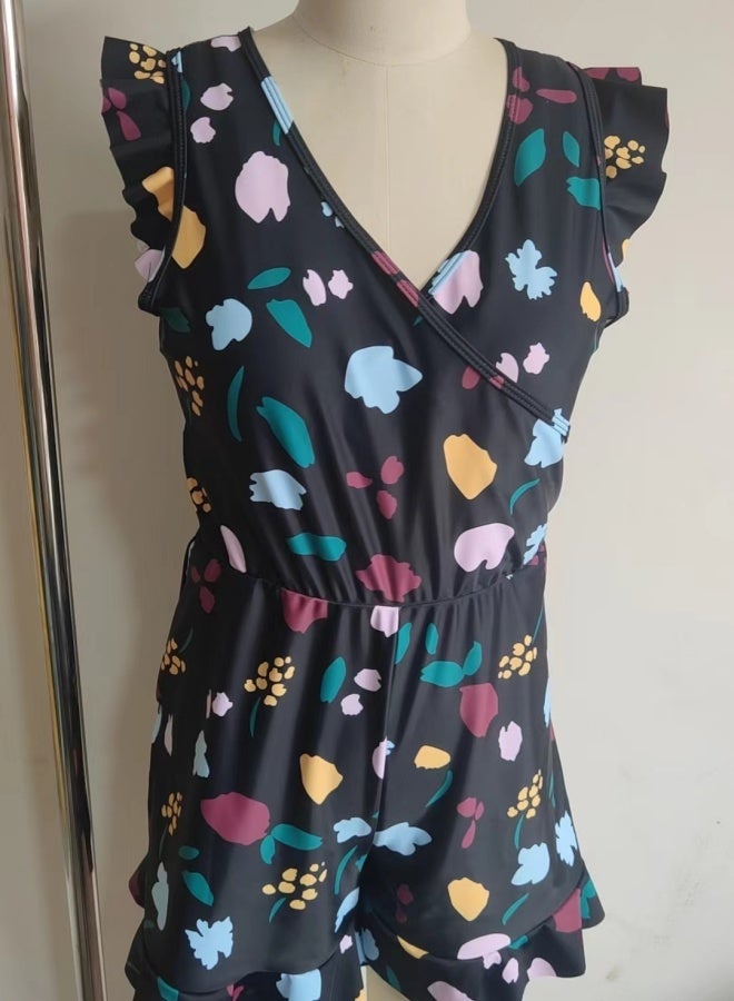 One - Piece Swimsuit with Breast Pads and Lining for Conservative Swimming at the Seaside Vacation, Black Pattern