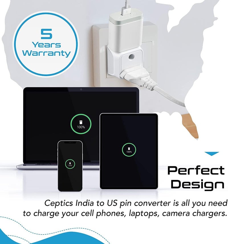 Ceptics India to USA, Canada Travel Adapter Plug – 2 in 1 Adapter - Type B - CE Certified - RoHS Compliant – White - 2 Pack - Lifetime Limited Warranty - Image 5